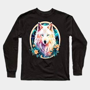 A White Wolf with Mountains, Floral Elements, Forests, Trees Long Sleeve T-Shirt